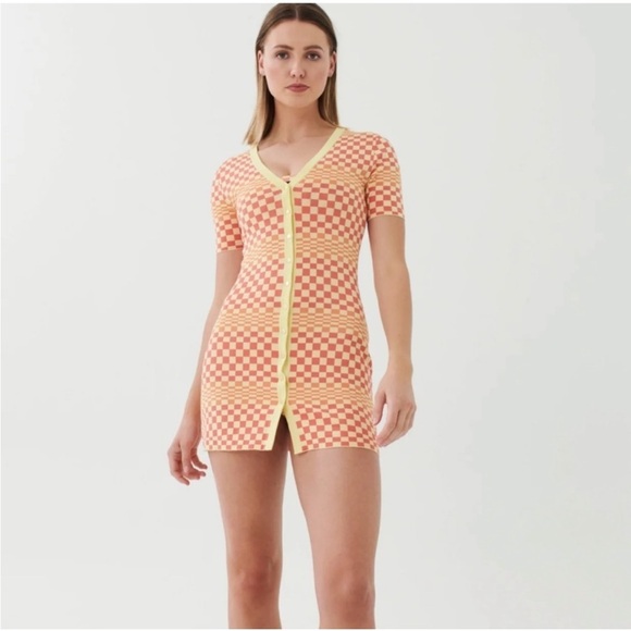 P.E Nation Tidal Knit Mini Dress Multi Check Snap Button Front Closure V-neck S - Picture 1 of 16